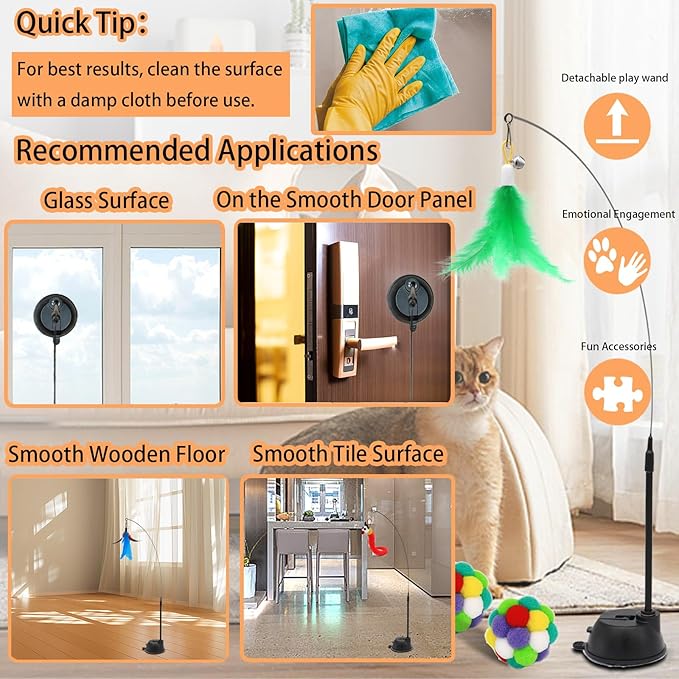 4-in-1 Interactive Cat Toys Set with Suction Cup Wand, Hanging Cat Toys, Fishing Pole Cat Wand & Kitten Balls- Includes Variety Replaceable Worms, Feathers for Indoor Bored Cats for Exercise-Mewly Pet