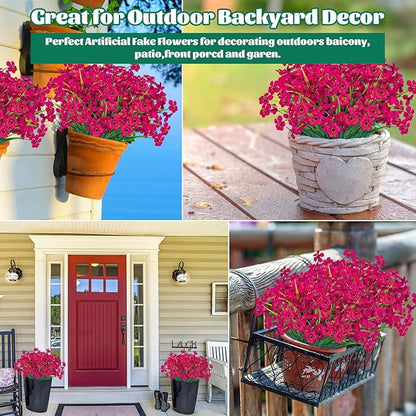 Lnoicy 12 Pcs Artificial Flowers for Outdoor,Plastic Flowers Decoration, UV Resistant Faux Flowers Shrubs, Artificial Plants for Indoor Outside Garden Home Wedding Farmhouse（Rose Red）