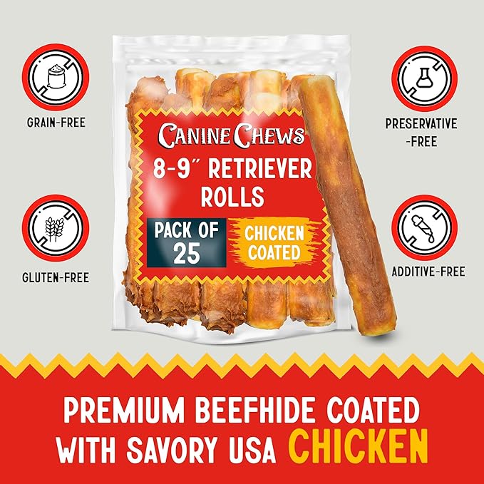 Canine Chews 8-9" Chicken Coated Dog Rawhide Retriever Rolls (25 Pack) - Chicken Rawhide Bones for Large Dogs - 100% USA-Sourced Chicken Coated Dog Rawhide Chews - Healthy Dog Dental Chew Rawhides-Mewly Pet