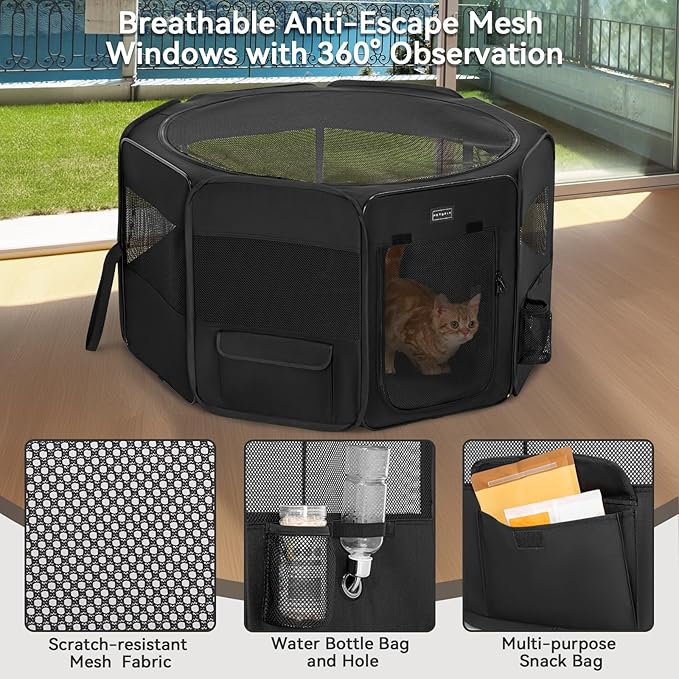 PETSFIT 29" Puppy Playpen with Removable Waterproof Mat & Zippered Roof | RV, Camping, Travel Dog Pen | Indoor/Outdoor Whelping & Cat Observation Space(29.5"x29.5"x16.5"H)-Mewly Pet