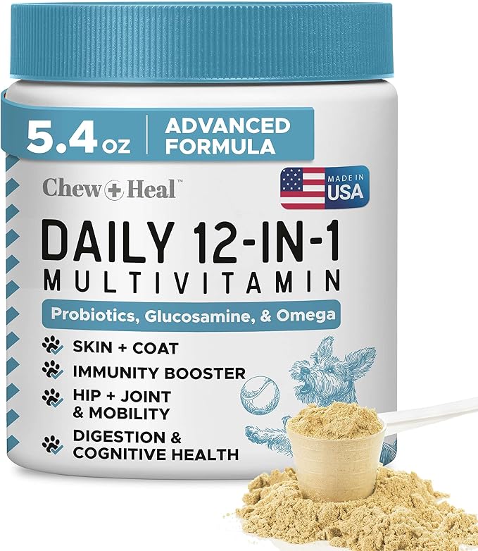 12-in-1 Multivitamin Powder for Dogs - 5.4 oz of Puppy and Senior Dog Vitamins and Supplements - Advanced Formula with Glucosamine, Omega 3,6,9, Vitamins, Probiotics, and More - Made in The USA-Mewly Pet