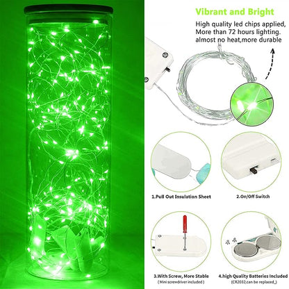 15 Packs 20 Led Green Fairy Lights Battery Operated St Patricks Day Lights 6.6ft Silver String Lights Waterproof Firefly Starry Light for DIY Table Centerpieces Halloween Christmas Party