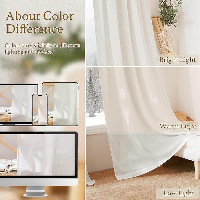 RYB HOME Linen Sheer Curtains 84 inches Long, Semi Sheer Curtains for Living Room Bedroom Privacy Soften Sunlight Drapes for Farmhouse Cafe Dining Room, W 52 x L 84, Linen, 2 Panels