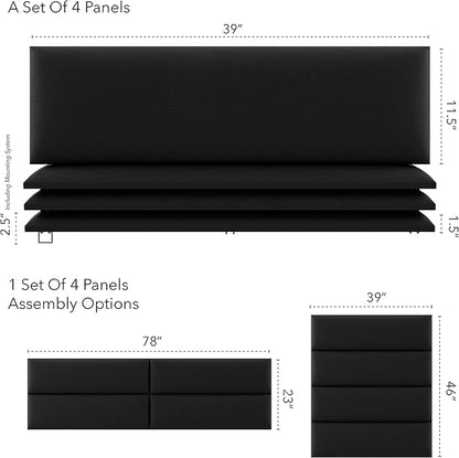 Vänt Upholstered Wall Panels - King/Cal King Size Wall Mounted Headboards - Vintage Leather Jet Black - Twin/King - Set of 4 Panels (Each Individual Panel 39"x11.5")