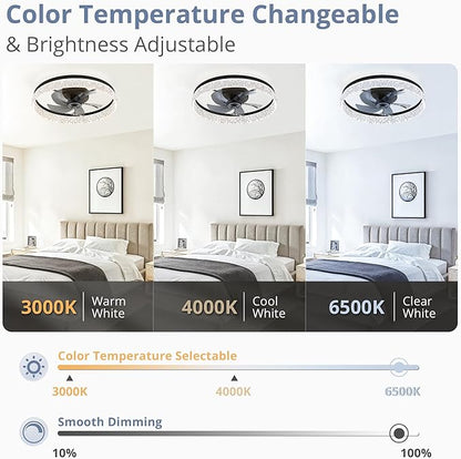 LEDIARY 22" Modern Ceiling Fans with Lights and Remote, Dimmable Low Profile Ceiling Fan, Flush Mount Ceiling Fan, Stepless Color Temperature Change and 6 Speeds - Black