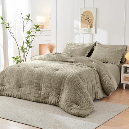 HYMOKEGE Linen Twin Comforter Set Seersucker 5 Pieces, All Season Luxury Bed in a Bag for Bedroom, Bedding Set with Comforter, Sheets, Pillowcase & Sham