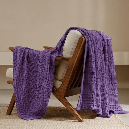PHF 100% Cotton Waffle Weave Throw Blanket, Soft Lightweight Breathable Cozy Throws for Couch Bed Sofa, Luxury Aesthetic Woven Blanket for Home Decor & Office, 50"x60", Grape
