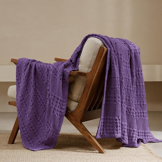 PHF 100% Cotton Waffle Weave Throw Blanket, Soft Lightweight Breathable Cozy Throws for Couch Bed Sofa, Luxury Aesthetic Woven Blanket for Home Decor & Office, 50"x60", Grape