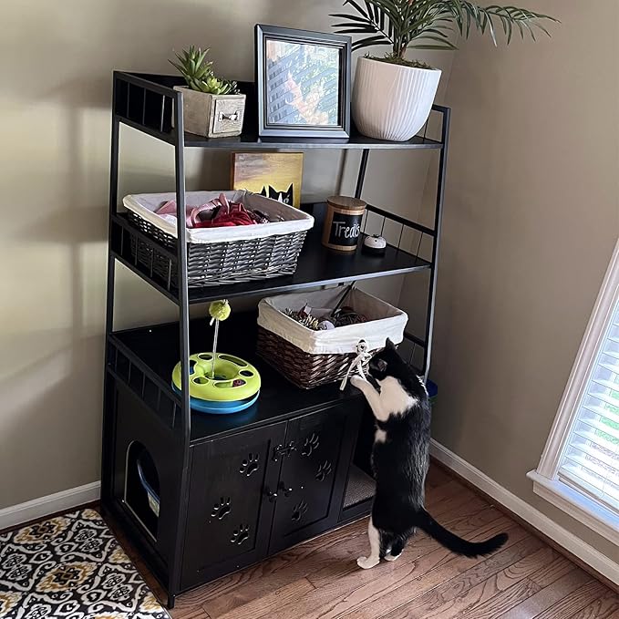 Recaceik Large Cat Litter Box Enclosure with Shelf Storage, Hidden Cat Washroom Furniture, Wooden Cat House with Scratch Pad, Sturdy Indoor Cat Cabinet with 2 Doors, Black-Mewly Pet