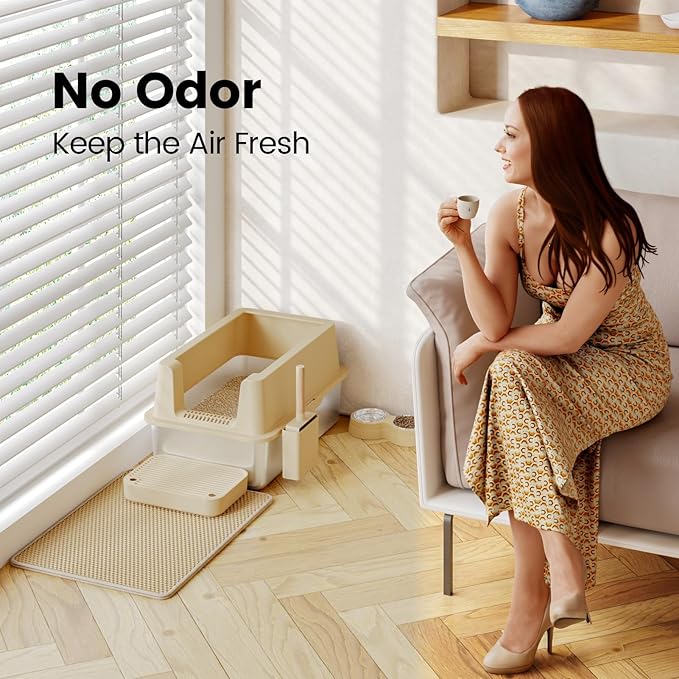 Stainless Steel Cat Litter Box - Enclosed XL Metal Kitty Litter Box with Lid for Big Cats, High Sided, Anti-Leakage, Easy Cleaning, Non-Sticky, Included Spoon & Aisle (Khaki)-Mewly Pet