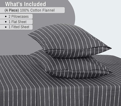 RUVANTI Flannel Sheets Queen Size - 100% Cotton Double Brushed Bed Sheets, Deep Pockets 16 Inches Queen Sheet Set, All Seasons Breathable & Extra Soft - Warm & Cozy, 4 Piece, Pinn Stripe