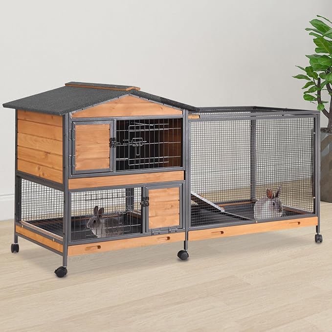 2-Story Rabbit Cage with Chew-Proof Metal Frame for Indoor/Outdoor - 62" Bunny Hutch Guinea Pig Cages with 6 Locking Wheels & 2 Removable Trays for Rabbits/Guinea Pigs-Mewly Pet