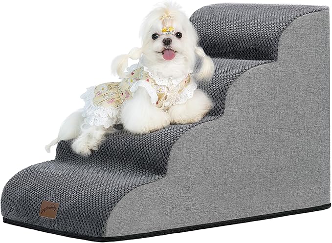 GoGoBunny Waterproof High Density Foam Curved Dog Stairs for High Beds Couches 19.7" H, 4-Step Ramp Dog Steps Friendly to Small Medium Dogs or Pets Joints, Non-Slip Balanced Durable Pet Step, Grey-Mewly Pet
