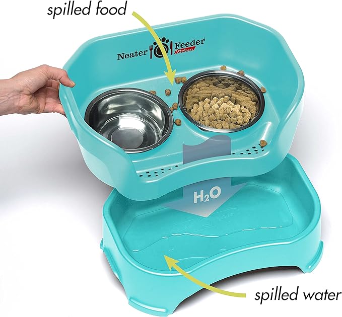 Neater Pet Brands Neater Feeder Deluxe Mess Proof Dog Bowls Elevated for Medium Dogs 19-40 lbs, Made in USA, No Spill Raised Dog Food Bowl Stand Feeding Station, Food and Water Bowl Set, Aquamarine-Mewly Pet