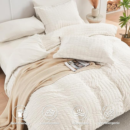 HYMOKEGE Ivory Full Size Comforter Sets Seersucker 7 Pieces, All Season Luxury Bed in a Bag for Bedroom, Bedding Set with Comforters, Sheets, Pillowcases & Shams