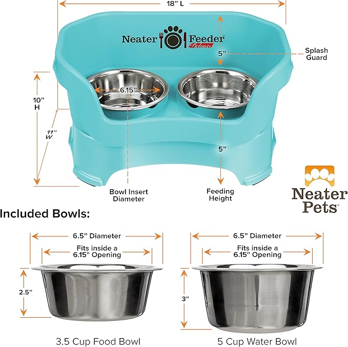 Neater Pet Brands Neater Feeder Deluxe Mess Proof Dog Bowls Elevated for Medium Dogs 19-40 lbs, Made in USA, No Spill Raised Dog Food Bowl Stand Feeding Station, Food and Water Bowl Set, Aquamarine-Mewly Pet
