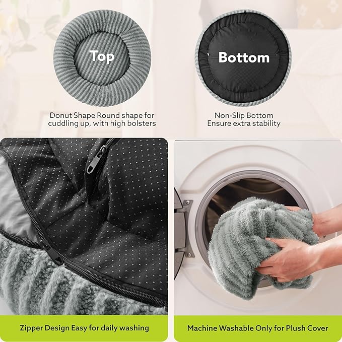 MIXJOY Calming Dog Bed Medium Size, Donut Dog Beds Medium Sized Dogs, Fluffy Plush Faux Fur Round Dog Cat Cuddler with Removable Washable Cover, 30"x30"x8", Grey-Mewly Pet