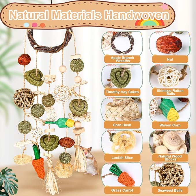 VESPRO Bunny Chew Toys, Rabbit Cage Hanging Chewing Toy and Treats Snack Ring, for Rabbits Chinchilla Guinea Pig Hamsters Grinding Teeth with Other Small Pets, Natural Materials Handwoven (5 Strings)-Mewly Pet