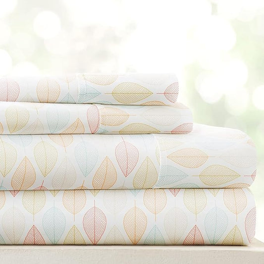 Linen Market Double-Brushed Patterned Microfiber Queen Sheet Set 4 Piece – Oeko-TEX Certified Ultra Soft & Wrinkle-Free - 16" Deep Pocket Sheets - Easy Care Queen Size - Fall Foliage Yellow