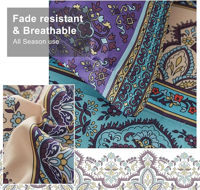 Boho Comforter Set California King Size 8 Piece Bed in a Bag Bohemian Striped Bedding Quilt Set Aqua Paisley Floral Comforter and Sheet Set,Soft Microfiber Complete Bedding Sets for All Season