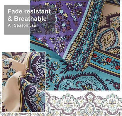 Boho Comforter Set California King Size 8 Piece Bed in a Bag Bohemian Striped Bedding Quilt Set Aqua Paisley Floral Comforter and Sheet Set,Soft Microfiber Complete Bedding Sets for All Season