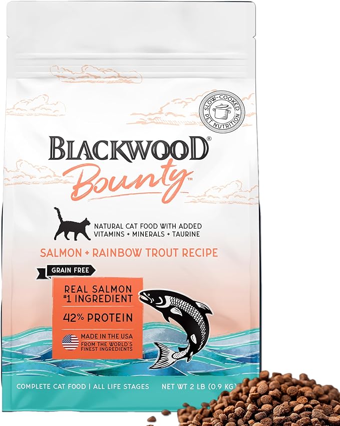 Blackwood Bounty Dry Cat Food, Salmon & Rainbow Trout Recipe for All Life Stages, 2 Pound Bag, High Protein, Grain Free-Mewly Pet