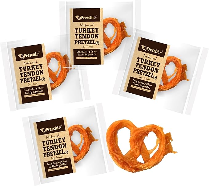 Afreschi Natural Turkey Tendon Pretzel (S) Pack of 4, Dog Treats for Signature Series, All Natural Human Grade Puppy Chew, USA-Sourced Turkey Tendon, Hypoallergenic, Rawhide Alternative-Mewly Pet