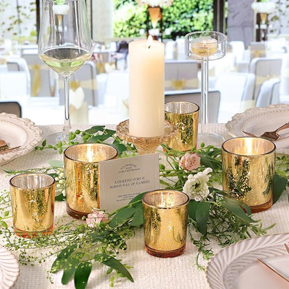 Volens 12pcs Assorted Gold Votive Candle Holders, Large Speckles Mercury Glass Votive & Tealight Candle Holder Bulk for Wedding Table Centerpiece, Gold Themed Party Decorations and Home Decor