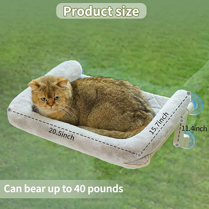 Cat Window Perch, Adjustable Cat Hammock for Large Cats, Mounts on Window Sills, Bedside, or Glass, Easy Installation and Removal, Washable Cushion Cover (20.5" W×15.7" L, Gray)-Mewly Pet