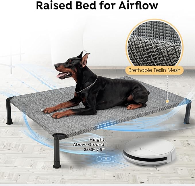 Veehoo Heavy Duty Elevated Dog Bed - Raised Dog Cot with Washable & Breathable Teslin Mesh, Non-Slip Silicon Feet, Cooling, Indoor/Outdoor, 47" x 29", Black Silver