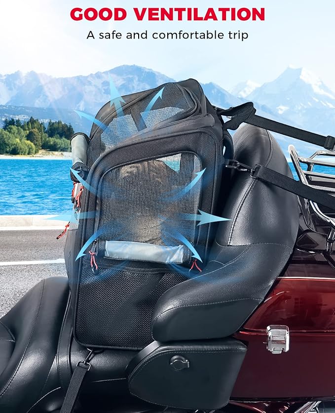 KEMIMOTO Motorcycle Dog Cat Carrier Bags Upgraded for Less Than 20 lbs Pets Carriers Portable Capacity Folding Backpack for Street Glide Road King with Passenger Seat Touring Trike Models Can AMS-Mewly Pet