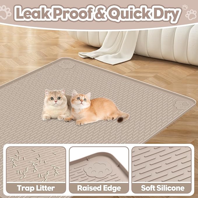 Cat Litter Mat, Extra Large 40" x 28" Silicone Mat Litter Trapping Mat for Scatter Control, Soft on Kitty Paws, Easy to Clean (Khaki)-Mewly Pet