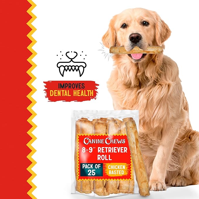 Canine Chews 8-9" Chicken Basted Dog Rawhide Retriever Rolls (25 Pack) - USA-Sourced Chicken Basted Dog Chews - Healthy Dental Chews-Mewly Pet