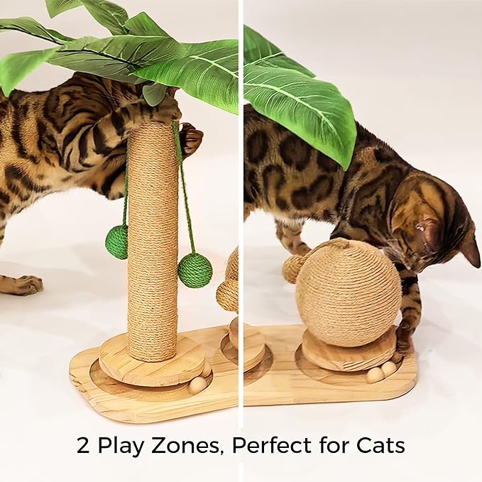 Cat Scratching Post, Wooden Cat Scratcher Toy for Indoor Cats, Sisal Ball Toy with Hanging and Track Balls, 17.7" Tall Banana Tree Cat Tower for Kittens-Mewly Pet