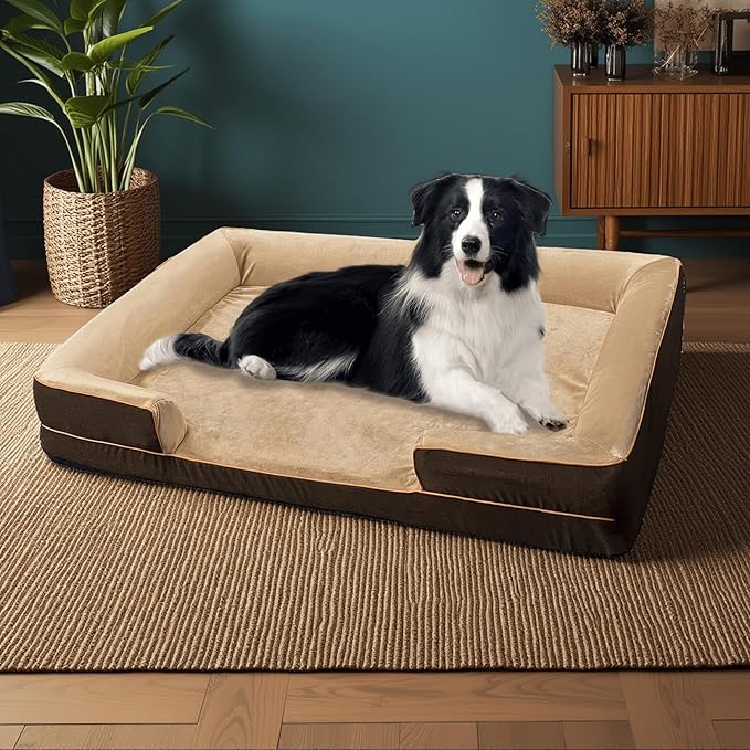 Dog Beds for Large Sized Dogs,Washable Orthopedic Memory Foam Dog Couch Sofa Bed with Bolster,Removable Cover,42x30Inch,Brown-Mewly Pet