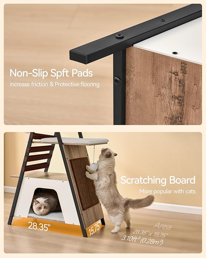 FourFurPets 72.4" Cat Tree, Modern Cat Tower for Indoor Cats, Multi-Level Cat Condo with Caves, Tall Cat Tree with Cat Scratching Board, Wooden Cat Tower with Large Perch, Removable Pads, Camel Brown-Mewly Pet