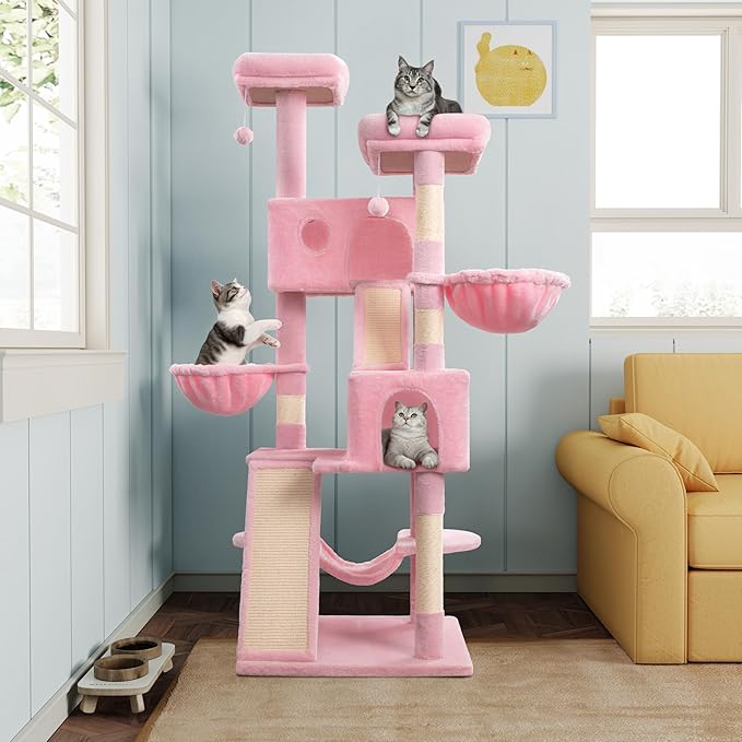 MUTICOR 66 Inches Multi-Level Large Cat Tree Tower for Indoor Big Feline/Cozy Plush Perches/Condo/Sisal Scratching Posts/Hammock and Baskets/Activity Center Play House/Wide Base/Pink-Mewly Pet