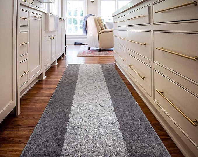 Custom Size Modern Runner Rug Carpet for Hallway Entryway Foyer Kitchen, Slip Resistant Latex Rubber Backed 31 inch Wide X Customized Length, Scroll Grey, 31 inch X 6 feet