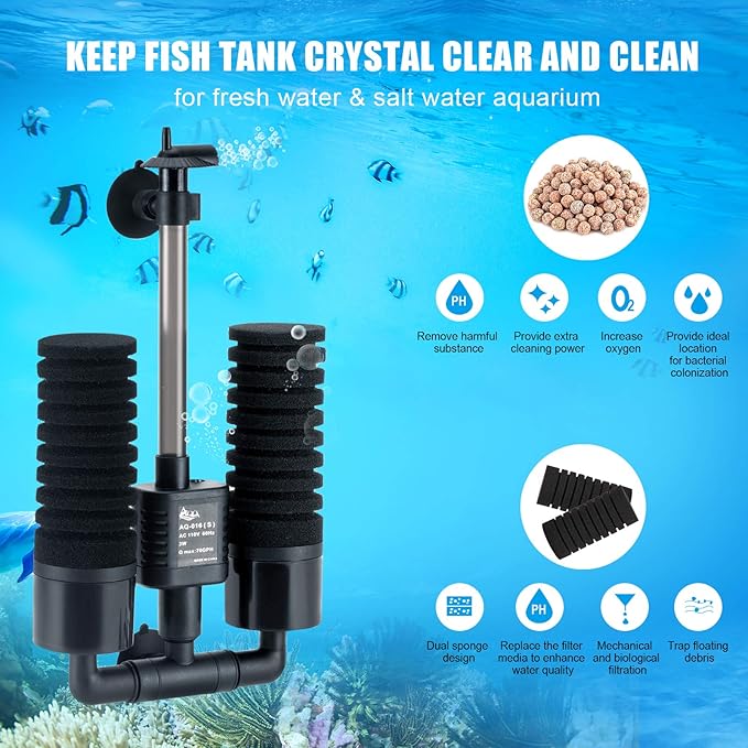 AQQA Aquarium Sponge Filter, Power Driven Double Biochemical Water Filter, Quiet Submersible Foam Filter with 2 Extra Sponges, 1 Bag of Filtered Ceramic Balls for Fresh and Salt Water Fish Tank (S)-Mewly Pet