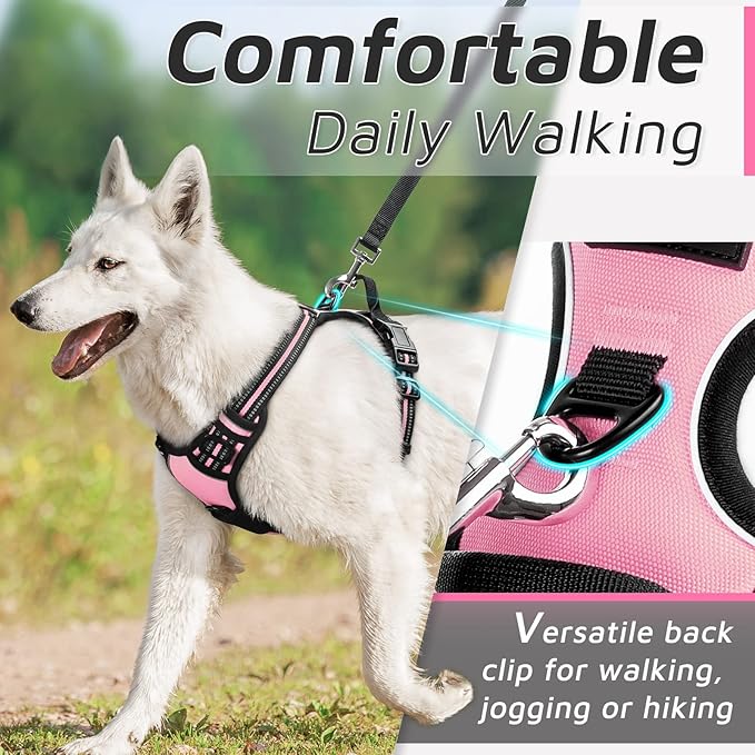 Eagloo Dog Harness for Large Dogs, No Pull Service Vest with Reflective Strips and Control Handle, Adjustable and Comfortable for Walking, No Choke Pet Harness with 2 Metal Rings, Pink, L-Mewly Pet