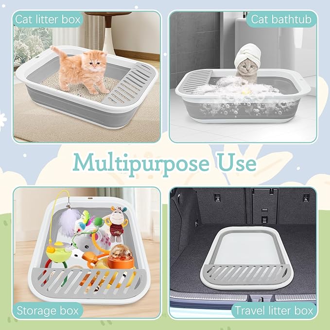 Fhiny Cat Litter Box Portable Shallow Litter Box 17.7"x13.4"x4.9" Foldable Cat Toilet with Scoop Open Kitty Potty Pan with Litter Drop Pedal Easy to Clean Travel Kitten Toilet(Gray)-Mewly Pet
