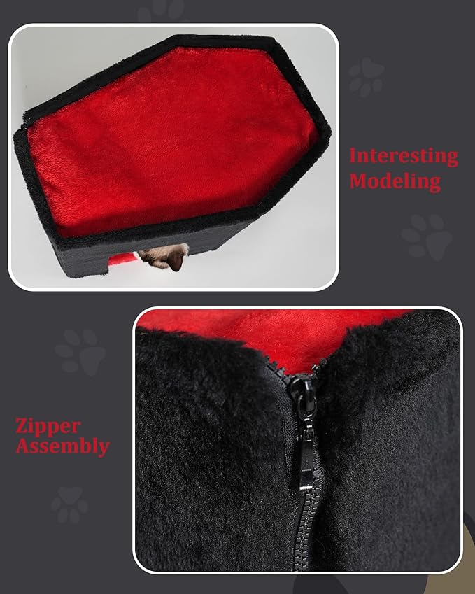 Gothic Cat Condo Cave for Indoor Cats, Spacious Indoor Coffin Cat House Bed,Large 20x13.5inch Bunk Perch, Stable Cubbie for Pets Rabbits, Halloween Red Black-Mewly Pet