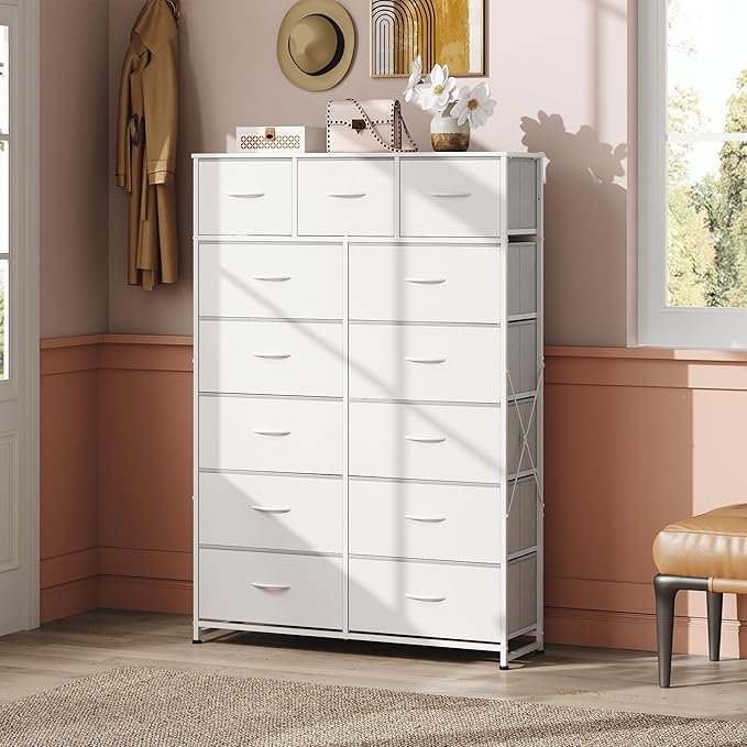 WLIVE Storage Organizer Unit with 13 Fabric Bins, Storage Drawers Organizer with Steel Frame, Tall Storage Tower Organizaton for Living Room, Hallway, Office, White