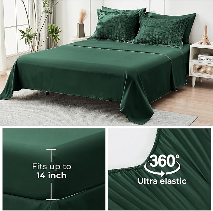 HYMOKEGE Emerald Green Queen Comforter Set Seersucker 7 Pieces, All Season Luxury Bed in a Bag Queen for Bedroom, Bedding Set with Comforter, Sheets, Pillowcases & Shams