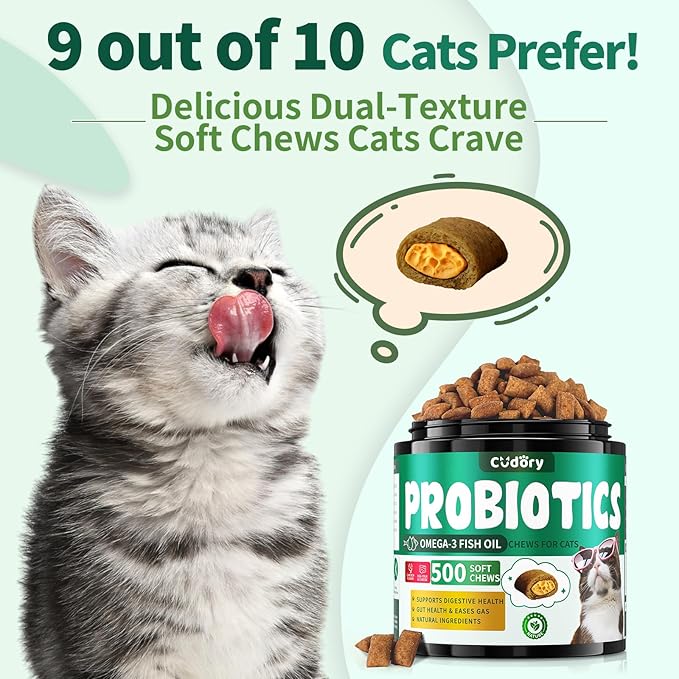 Cat Probiotics Tasty Chews for Digestive & Gut Support - Crunchy & Creamy Texture - Cat Gut Health, Constipation Relief, Healthy Stool, Natural Supplement for Cats, Chicken Flavor - 500 Chews-Mewly Pet