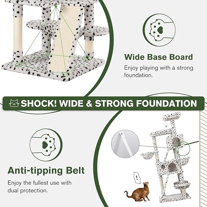 MUTICOR 66 Inches Multi-Level Large Cat Tree Tower for Indoor Big Feline/Cozy Plush Perches/Condo/Sisal Scratching Posts/Hammock and Baskets/Activity Center Play House/Wide Base/White & Black Spot-Mewly Pet