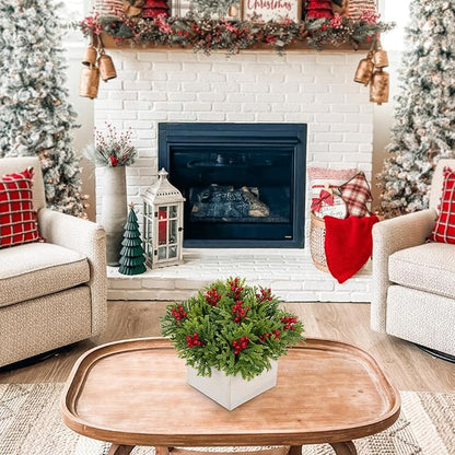 DILATATA Christmas Centerpieces 8 Inch Artificial Christmas Plant in Square Wooden Pot Tabletop Pine Plants with Red Berries Cedar Leaves for Winter Holiday Party Fireplace Mantel Xmas Decor