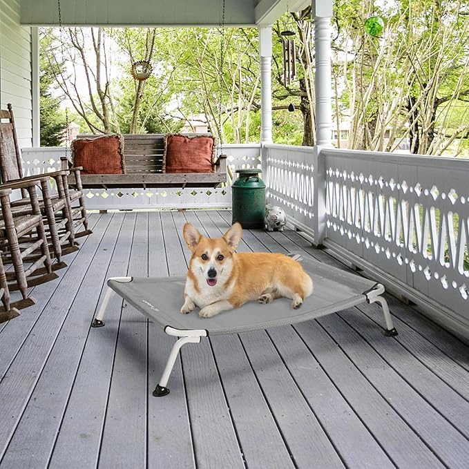 Veehoo Elevated Dog Bed for Outdoor, Cooling Waterproof Raised Dog Cots Beds for Medium Dogs, Curved Off Ground Pet Hammock Cot Lifted for Outside, up to 65lbs, White Legs, Grey 32"-Mewly Pet