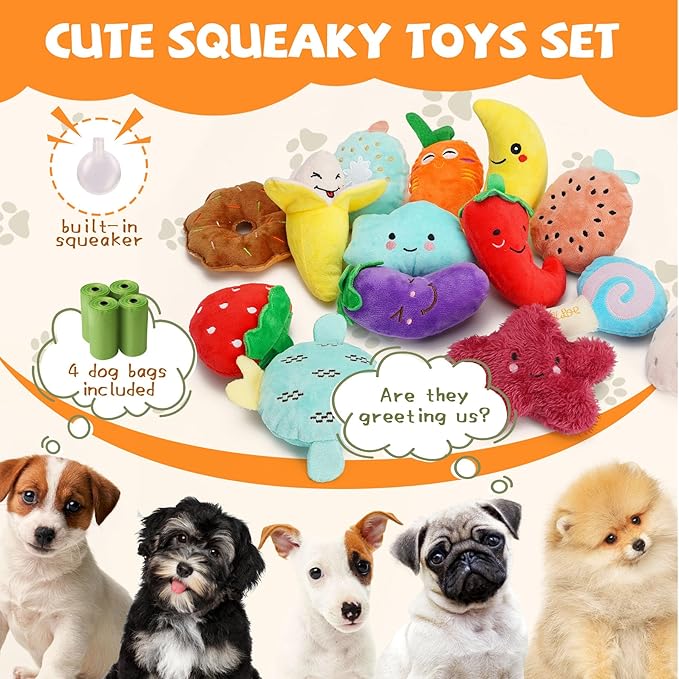 Charming Chorus 20-Pack Squeaky Dog Toys Set - Included 4 Dog Bags, Plush Puppy Toys with Irresistibly Cute Characters for Small Dogs, Interactive Dog Squeak Toys for Fun&Teeth Cleaning-Mewly Pet