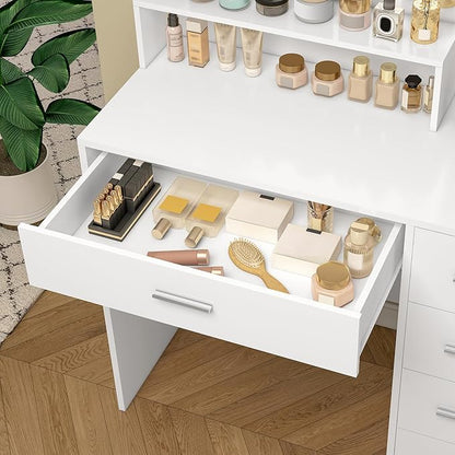 Quimoo Makeup Vanity Desk with LIighted Mirror, Vanity Desk with 5 Drawers & Storage Shelves, Vanity Table, 3 Color Modes & Adjustable Brightness Dressing Table, Bedroom
